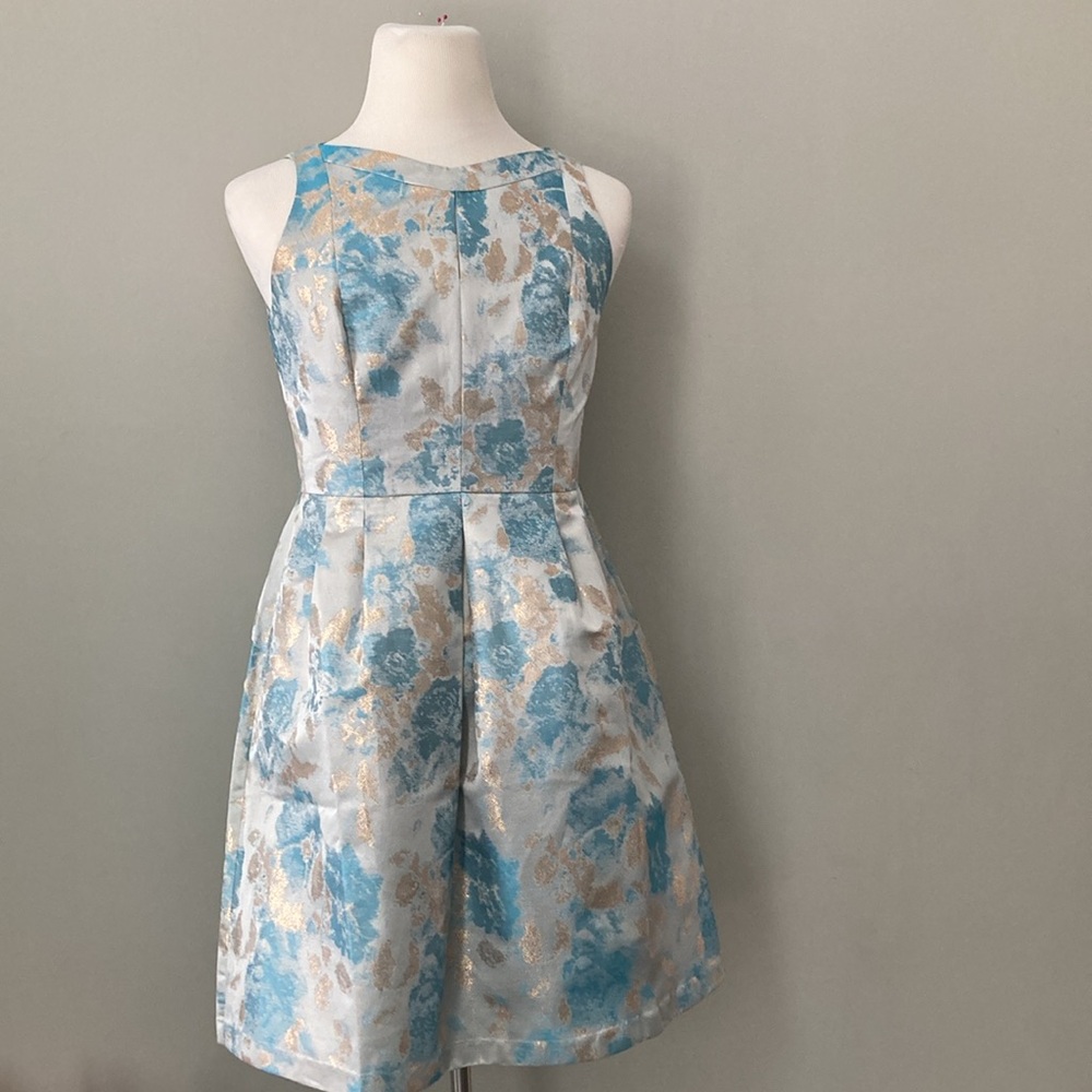 Tahari ASL Levine Blue Gold Rose Gold Fit and Flare Jacquard NWOT - Picture 2 of 6
